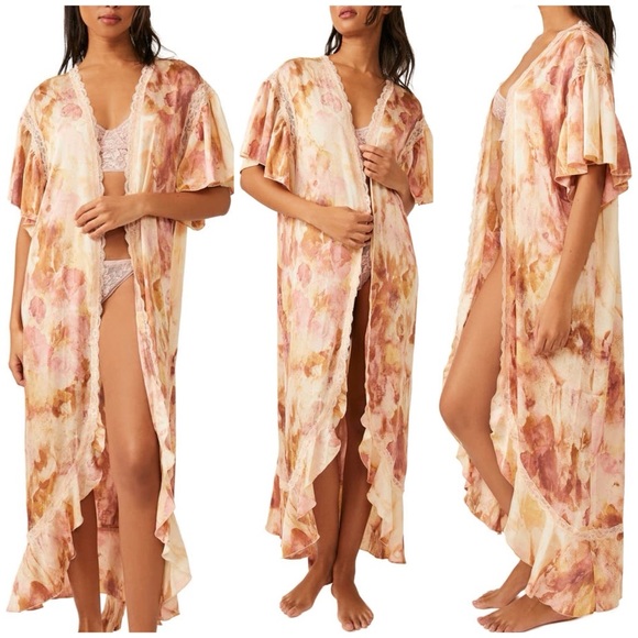 Free People Elegant Floral Kimono Robe